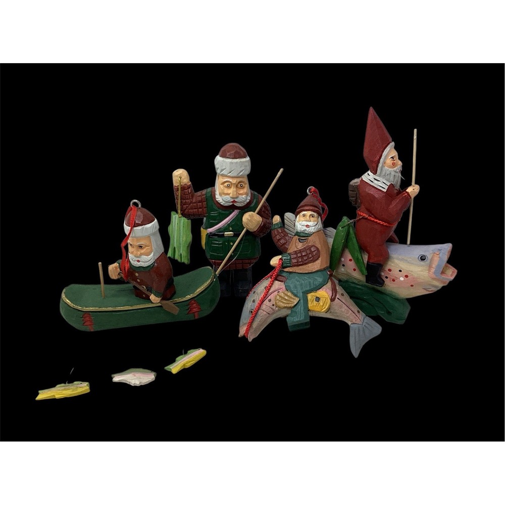 Folk Art Rustic Wooden Fisherman Santa Ornaments And Figures Set Of (4)